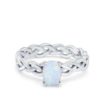 Celtic Weave Braided Style Oval Wedding Ring Lab Created White Opal 925 Sterling Silver